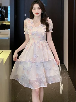 Vasaros Gėlių Šifono Vienas Gabalas Midi Suknelė Moterų Mados Chic Susiėmę Y2k Suknelė 2023 Korėjos Elegantiškas Bodycon Atsitiktinis Kawaii Suknelė