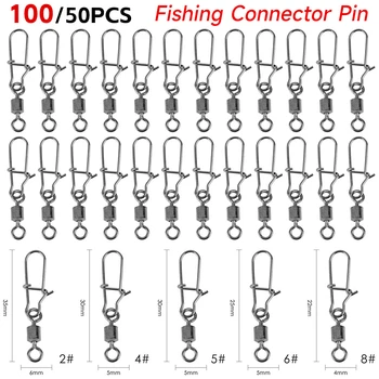 100/50PCS Žvejybos Pasisuka Ir Karabinai Fishhook Žvejybos Jungtis Pin Sukami Metalo Snap Rolling Swivel Karpių Žvejybos Reikmenys
