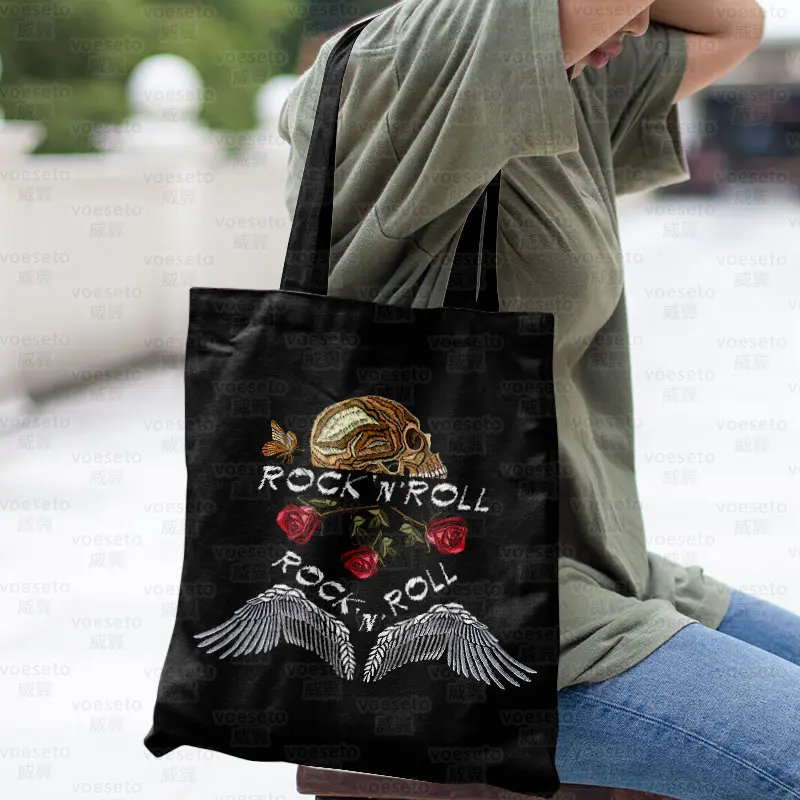 Roko Muzika Žmogaus Skeletas Rose Spausdinimas Jauna Moteris, Rankinės Apsipirkti prekybos centre Perdirbamų Didelių Pajėgumų Canvas Tote Bag - 4