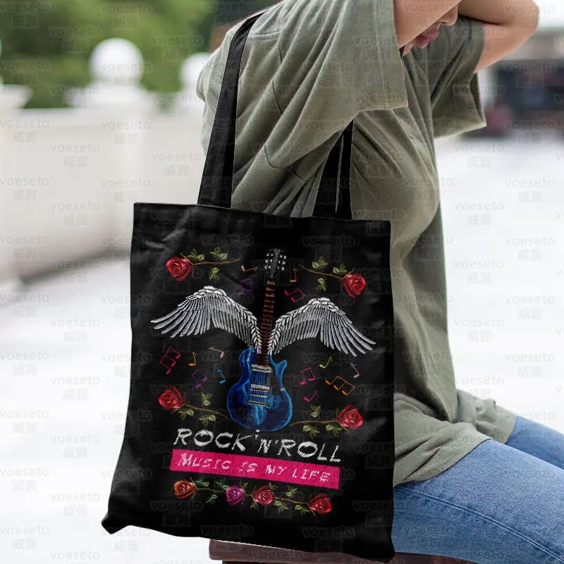Roko Muzika Žmogaus Skeletas Rose Spausdinimas Jauna Moteris, Rankinės Apsipirkti prekybos centre Perdirbamų Didelių Pajėgumų Canvas Tote Bag - 5