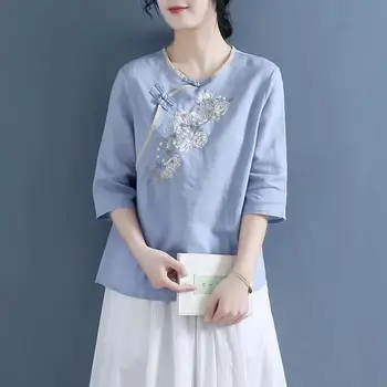 2021 Naujas Retro Kinijos Moterų Palaidinė Tradicinė Derliaus Įstrižai Marškinėliai Zen Vasaros Rytų Moteris Viršūnes Mandarinų Apykaklės Cheongsam