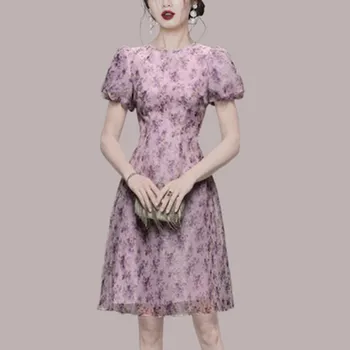 2022 Naujas Vasaros Gėlių Spausdinti Violetinės Suknelės Moterims Paprastas Elegantiškas O-Apykaklės Sluoksniuotos Rankovėmis Dizaineris Aukšto Juosmens-Line Šalis Suknelė