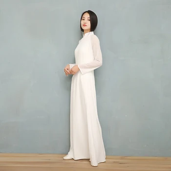 2022 Vietnamas Ao Dai Balta Kieta medžiaga, Šifono Perspektyvos Suknelė Moteris Kinijos Cheongsams Visą Rankovėmis Moteriška Rytų Suknelė