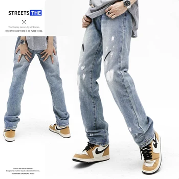 2023 Amerikos gatvės jeans vyriški užtrauktukas tiesiai dažų hiphop gatvės kelnes ins Europos ir Amerikos atsitiktinis kelnės