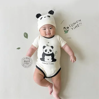 2023 Korėjos Vasaros Vaikų, Kūdikių Berniukų Romper Puloveris Panda Atspausdintas Trumpas Rankovės Medvilnės Bodysuit Bžūp Mielas Pyplys Berniukai Komplektai