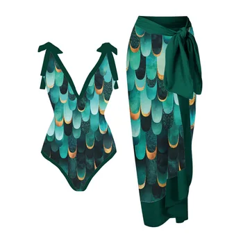 2023 Mados Vintage Spalvos Bloką Gėlių Spausdinti Gilia V Nėriniai-up Moterų Paplūdimio Seksualus, Dviejų dalių, Bikini maudymosi kostiumėlis, Kuriems Nustatyti Sijonas