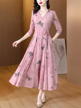 2023 Vasaros Rožinė Prancūzų Premium V-Kaklo Plonas Nėrinių Suknelė Iki Trijų Ketvirtį Rankovės Vidurio Ilgis Moterų Elegantiškas Printed Dress Z967