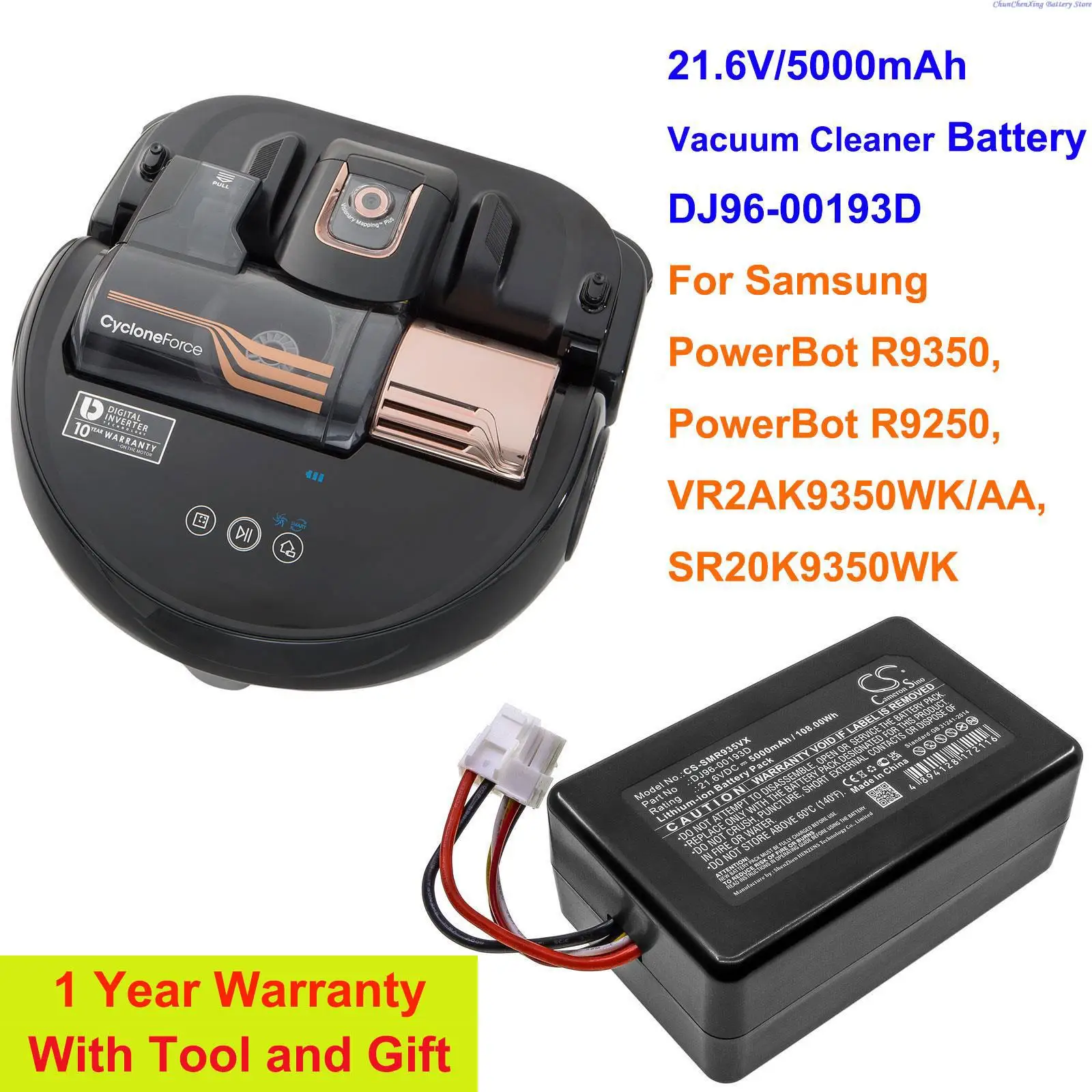 Cameron Kinijos 21.6 V/5000mAh Dulkių siurblys Baterija DJ96-00193D Samsung PowerBot R9350, R9250, VR2AK9350WK/AA, SR20K9350WK - 0