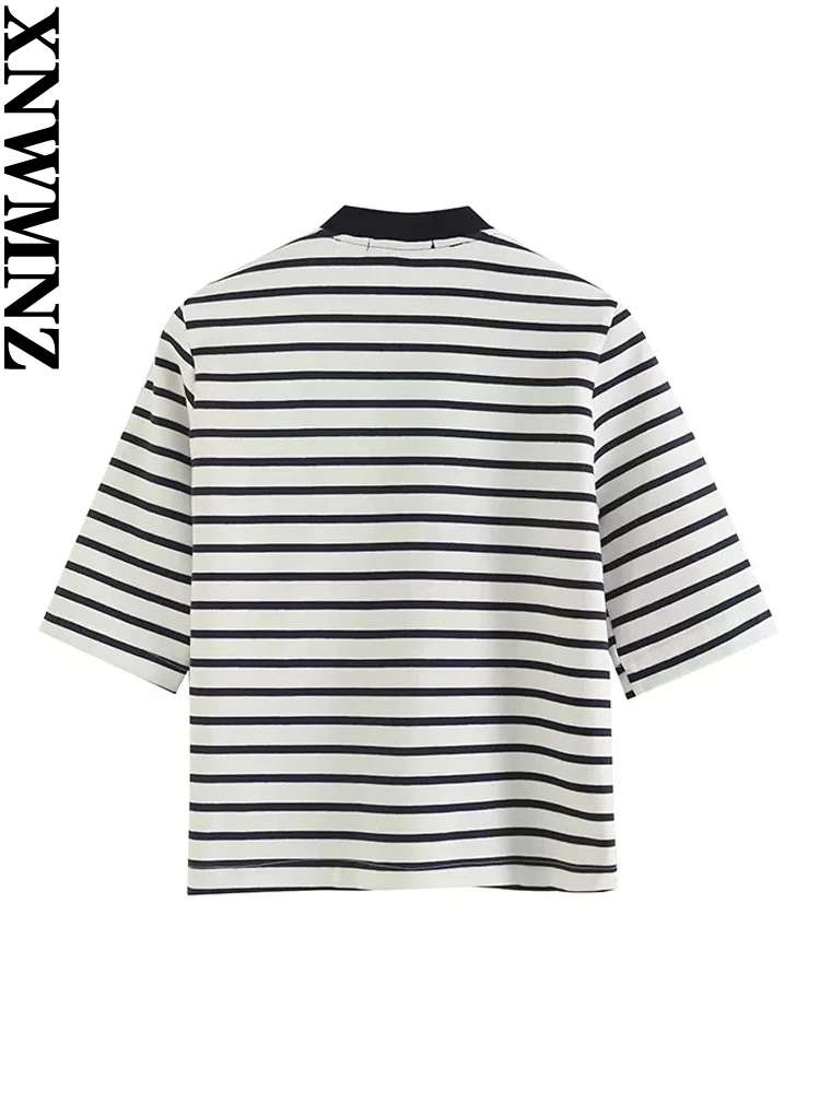 XNWMNZ Moterų Mados 2023 Rudens prancūzijos Dryžuotas Megztinis marškinėliai Moteriška Derliaus, O Kaklas Trumpas Rankovės Priekiniai Mygtuką Universalus Viršų - 1