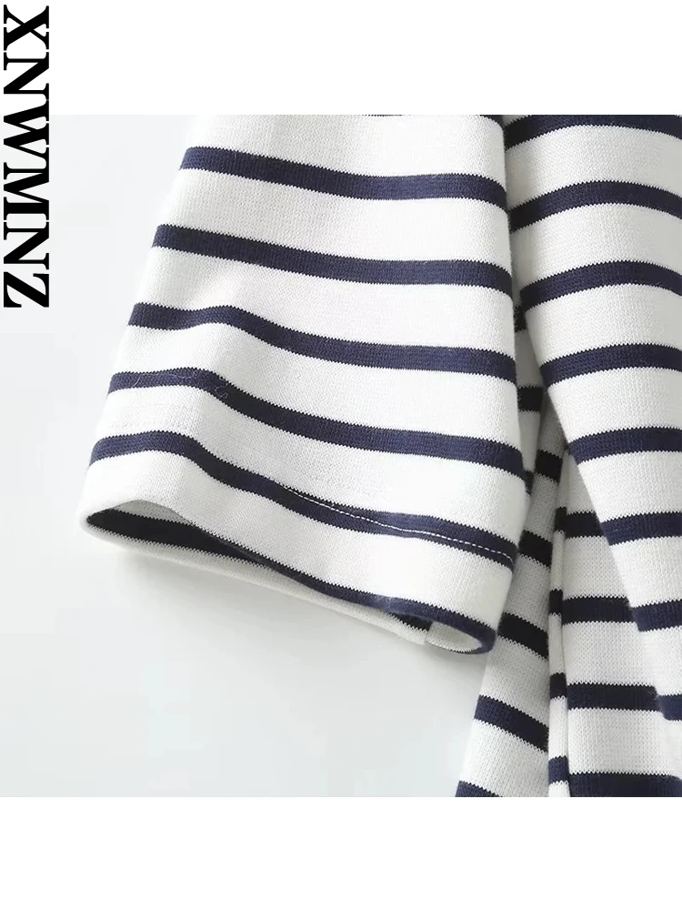 XNWMNZ Moterų Mados 2023 Rudens prancūzijos Dryžuotas Megztinis marškinėliai Moteriška Derliaus, O Kaklas Trumpas Rankovės Priekiniai Mygtuką Universalus Viršų - 3