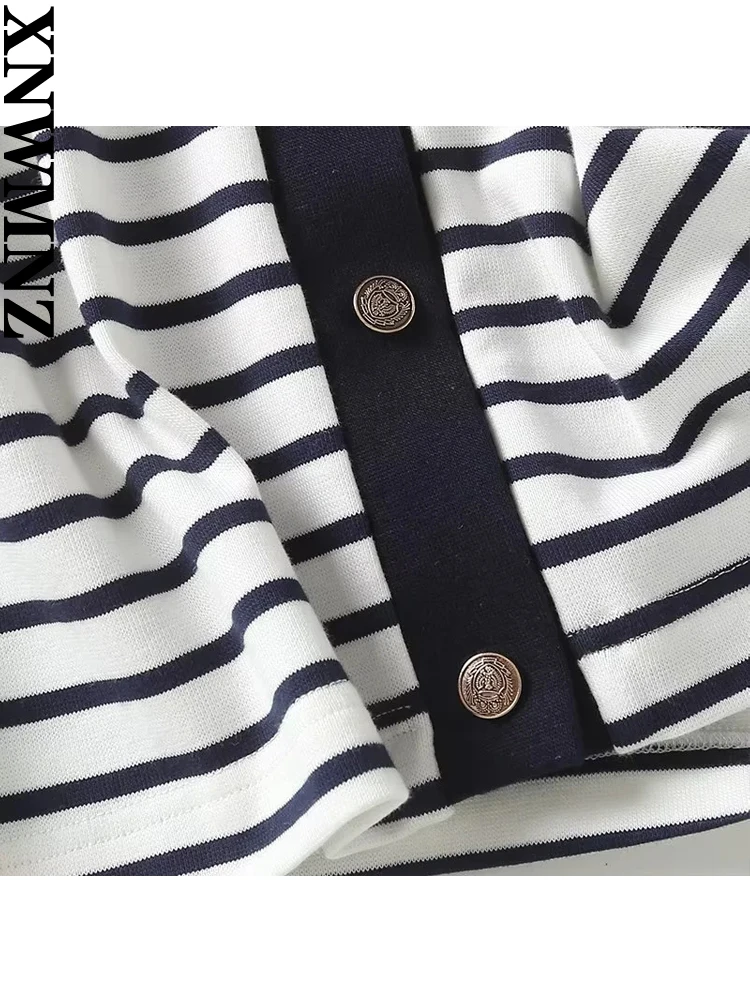 XNWMNZ Moterų Mados 2023 Rudens prancūzijos Dryžuotas Megztinis marškinėliai Moteriška Derliaus, O Kaklas Trumpas Rankovės Priekiniai Mygtuką Universalus Viršų - 4
