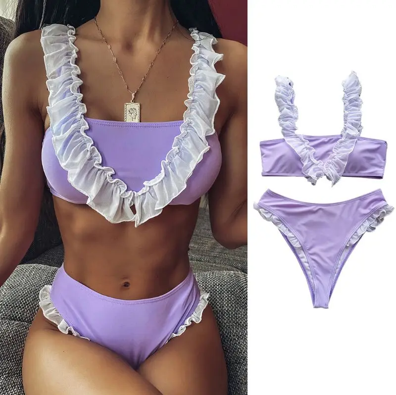 Moteris Seksuali Bikini Komplektas Saldus Ruffles Sujungimas maudymosi kostiumėlį Push Up Kamšalu Paplūdimio naujas - 2