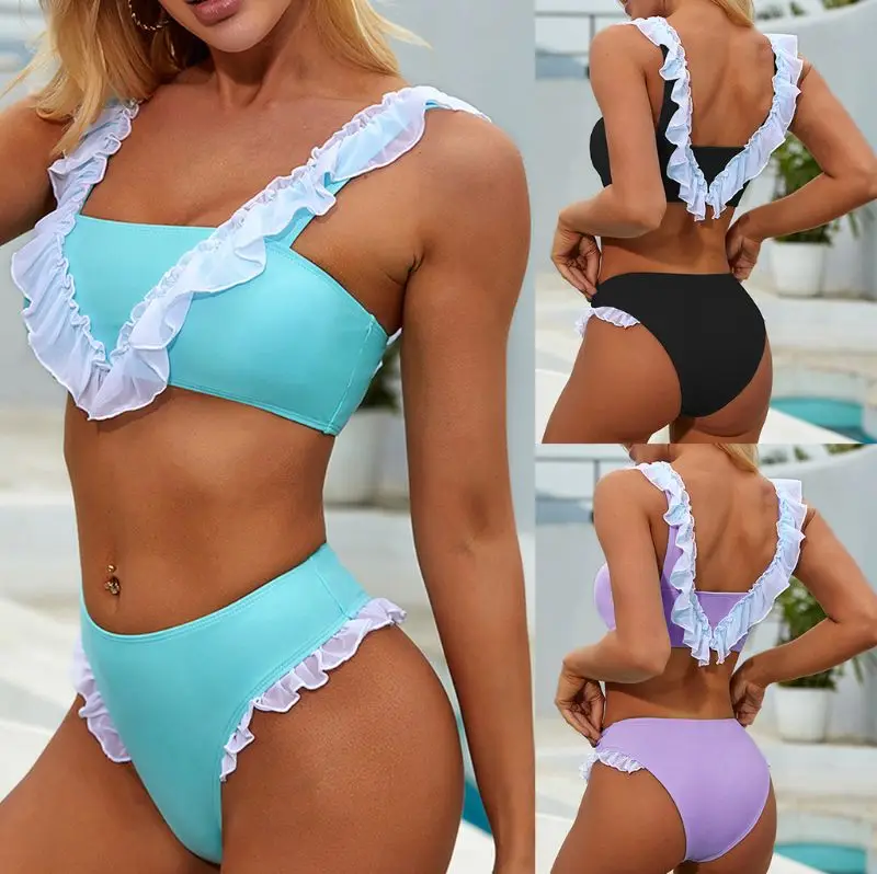 Moteris Seksuali Bikini Komplektas Saldus Ruffles Sujungimas maudymosi kostiumėlį Push Up Kamšalu Paplūdimio naujas - 3
