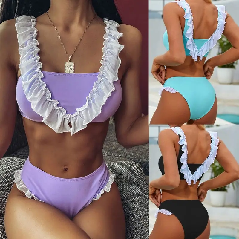 Moteris Seksuali Bikini Komplektas Saldus Ruffles Sujungimas maudymosi kostiumėlį Push Up Kamšalu Paplūdimio naujas - 4