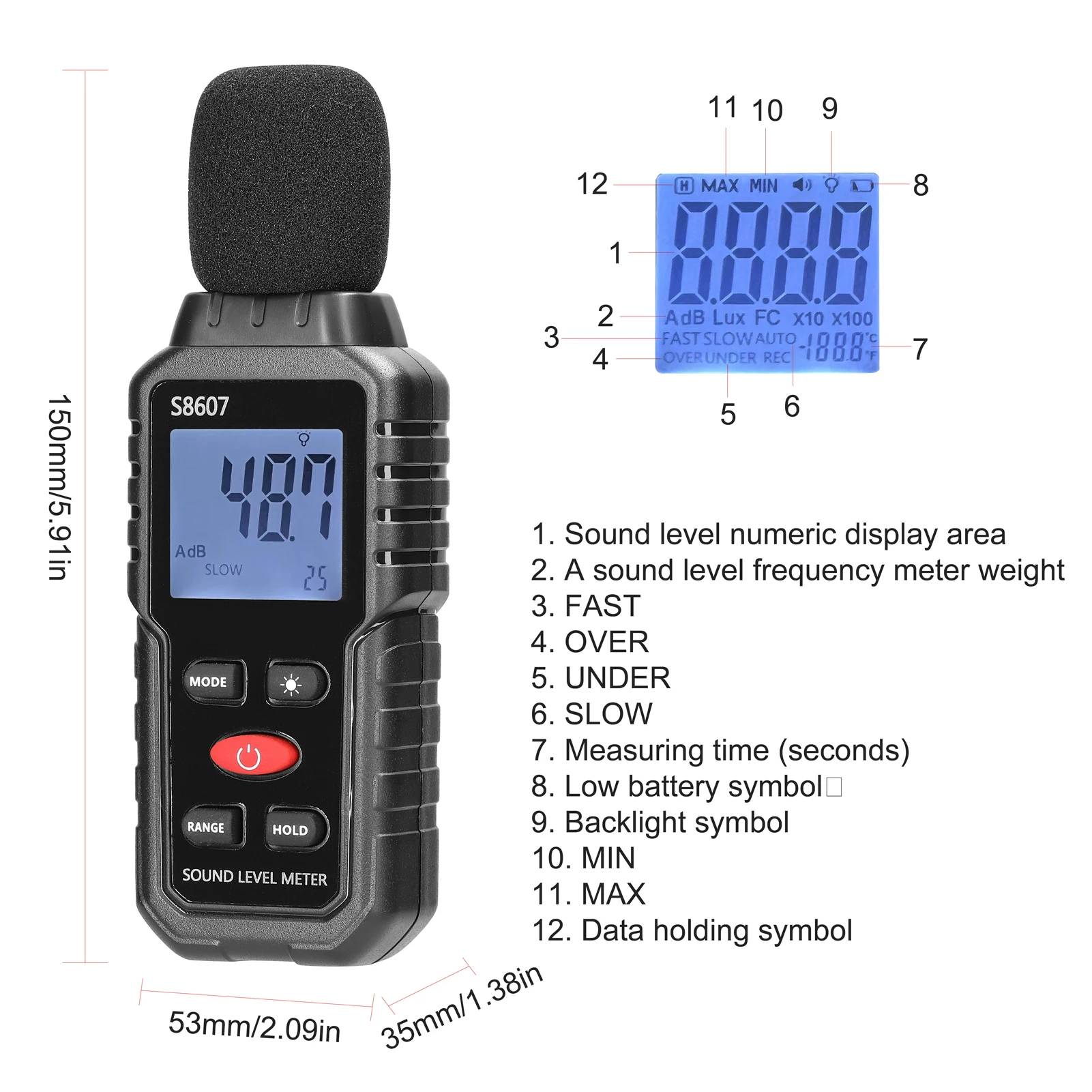 30-130dB Triukšmo Detektorius A-svertinis Mini Decibelų Stebėjimo įranga, Aukšto Tikslumo Garso Lygio Matuoklis Skaitmeninis Ekranas su foniniu Apšvietimu - 1