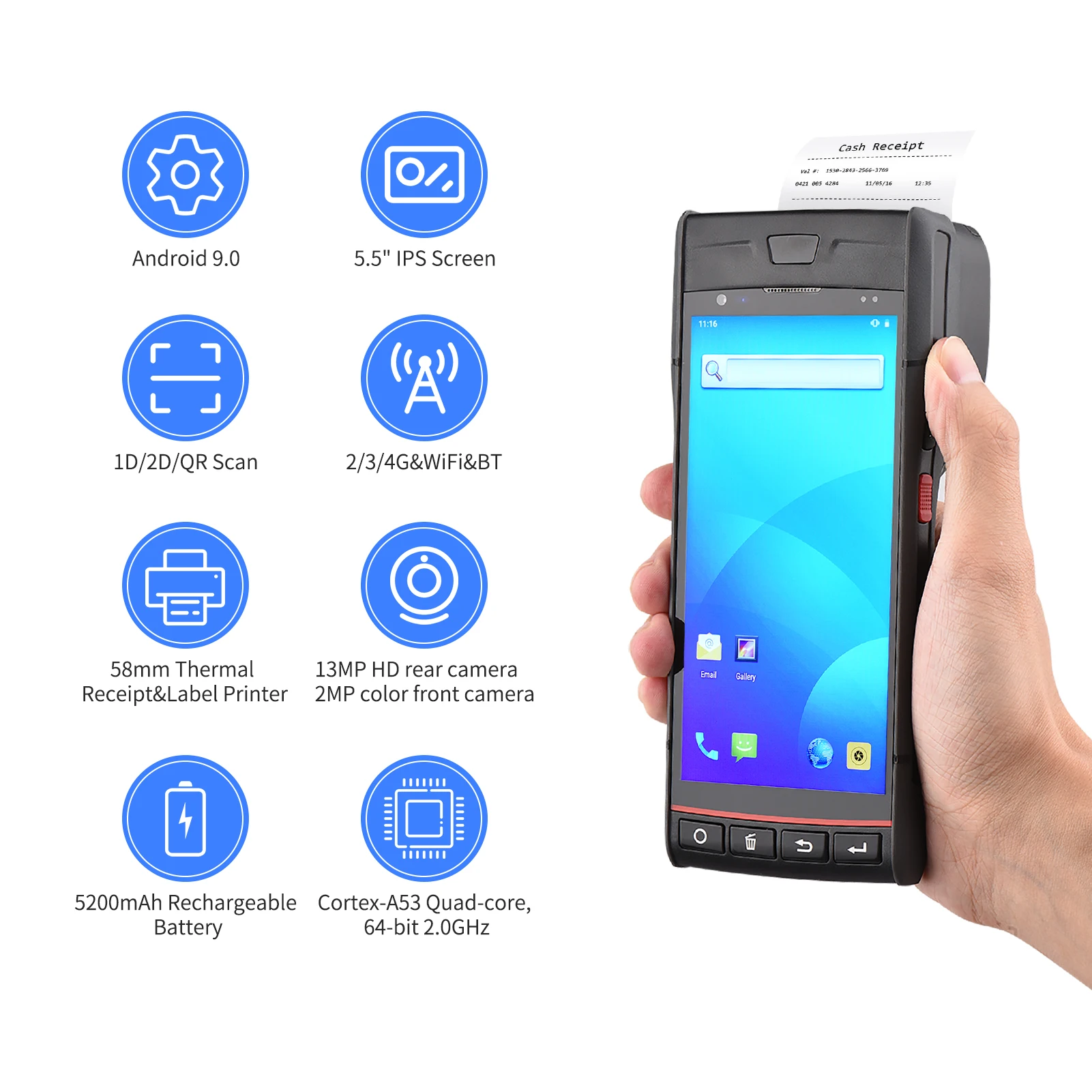 Kišeninis EKA Kvito Spausdintuvas Android 9.0 PDA Terminalo 1D/2D/QR Barcode Scanner Paramos Pasaulinės Padėties Sistemos 4G Wi-fi BT - 4