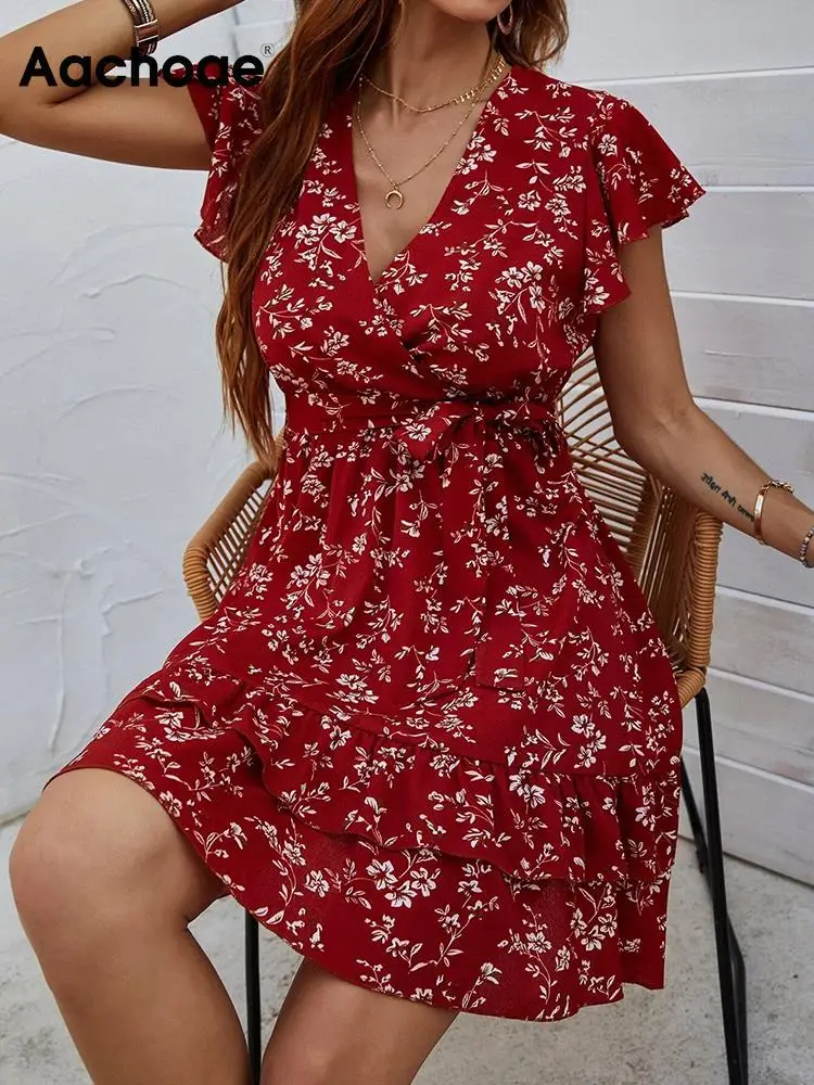 Aachoae Moterys Vasarą Boho Stiliaus Gėlių Spausdinti Mini Suknelės Atsitiktinis V-Kaklo Trumpomis Rankovėmis Suknelės Ponios Atsitiktinis Linijos Šalis Suknelė - 4