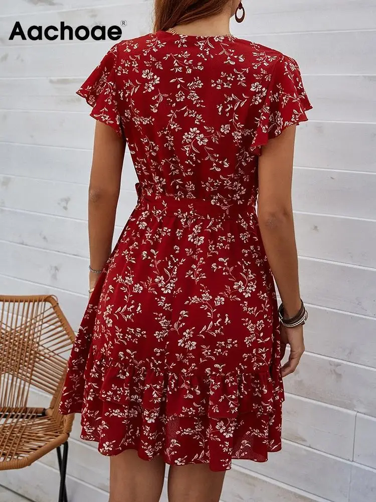 Aachoae Moterys Vasarą Boho Stiliaus Gėlių Spausdinti Mini Suknelės Atsitiktinis V-Kaklo Trumpomis Rankovėmis Suknelės Ponios Atsitiktinis Linijos Šalis Suknelė - 5