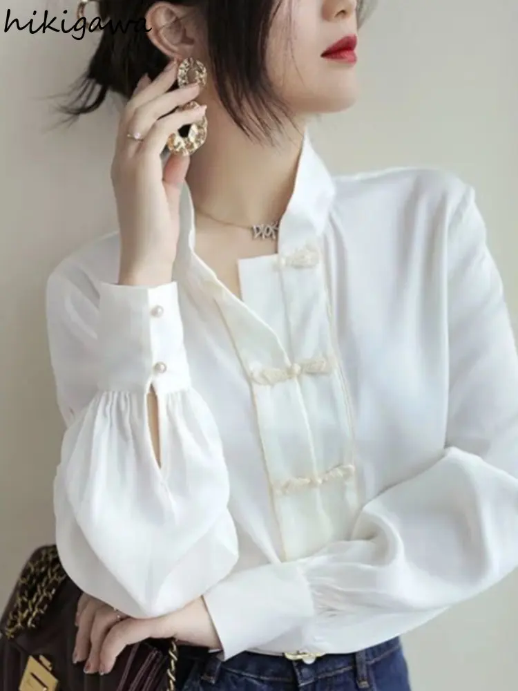 Baltos Palaidinės Moterims Stovėti Kaklo Marškinėliai Ilgomis Rankovėmis Elegantiškas Marškinėliai Kinų Stiliaus Prarasti Šifono Palaidinė Viršūnes 2023 Blusas De Mujer - 0