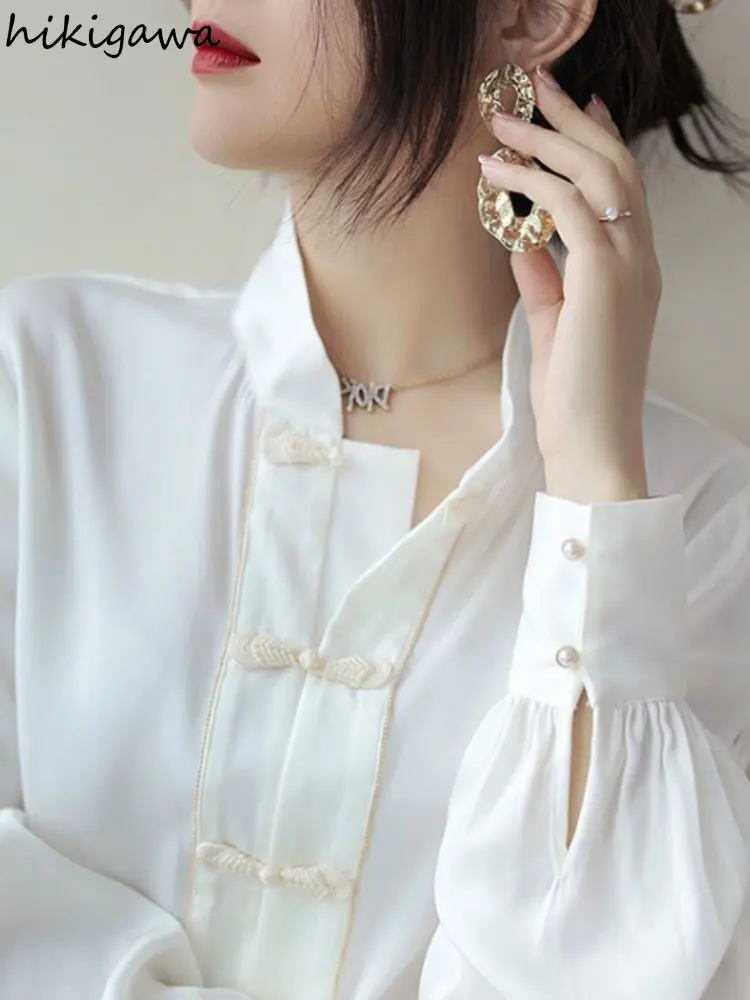 Baltos Palaidinės Moterims Stovėti Kaklo Marškinėliai Ilgomis Rankovėmis Elegantiškas Marškinėliai Kinų Stiliaus Prarasti Šifono Palaidinė Viršūnes 2023 Blusas De Mujer - 1