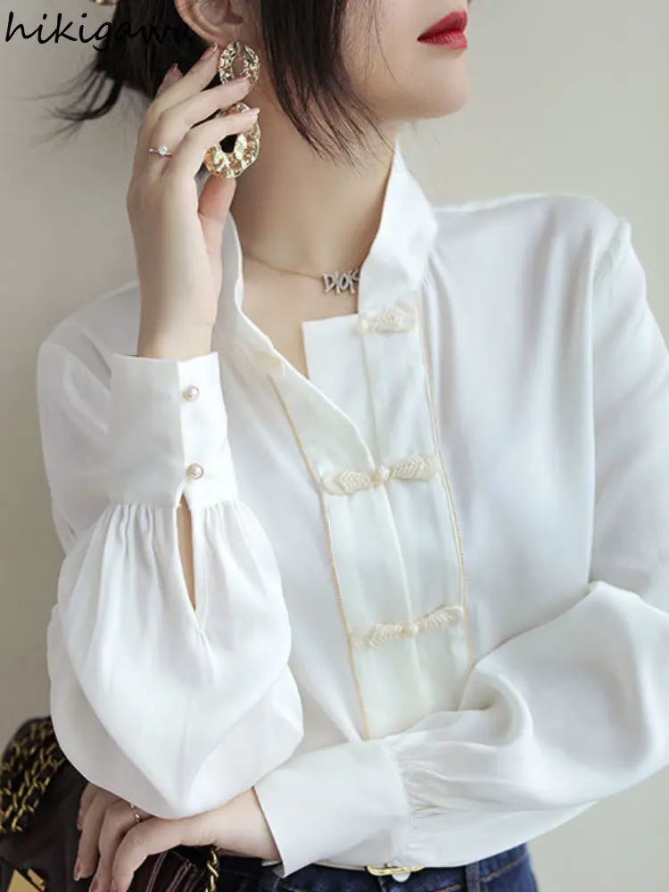 Baltos Palaidinės Moterims Stovėti Kaklo Marškinėliai Ilgomis Rankovėmis Elegantiškas Marškinėliai Kinų Stiliaus Prarasti Šifono Palaidinė Viršūnes 2023 Blusas De Mujer - 2