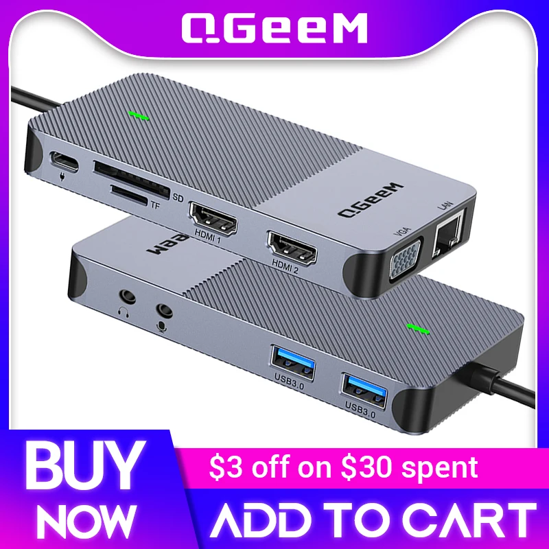 QGeeM USB Hub 3.0 Docking Station Trigubas Ekranas, Dual HDMI, VGA, USB, Adapteris, Splitter už Xiaomi Nešiojamieji kompiuteriai USB C Hub PC Priedai - 0