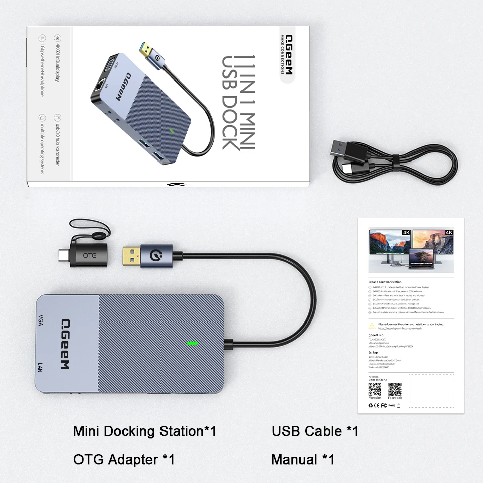 QGeeM USB Hub 3.0 Docking Station Trigubas Ekranas, Dual HDMI, VGA, USB, Adapteris, Splitter už Xiaomi Nešiojamieji kompiuteriai USB C Hub PC Priedai - 5