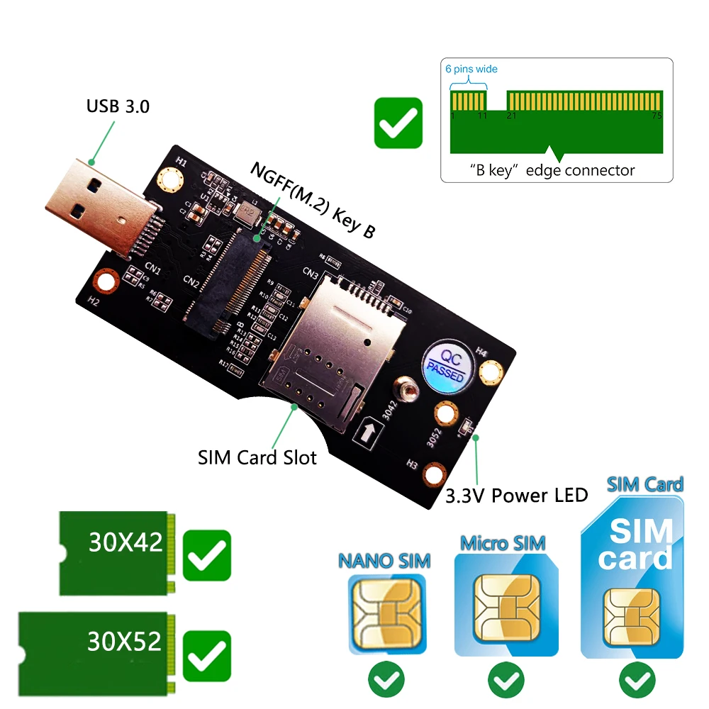 NGFF(M. 2) Mygtukas B kortelė, USB 3.0 Adapteris su SIM 8pin kortelės Lizdas 3G/4G/5G Modulio laikiklis SIM 8pin kortelės jungtis - 1