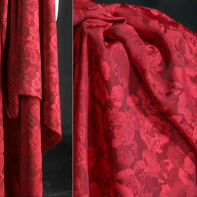 Kinų Stiliaus Raudonos Spalvos Porceliano Viskozė Žakardo Audinio Medžiagos, Drabužių Ir Tekstilės 2023 Rose Cheongsam Suknelė Dizaineris Audinys - 1