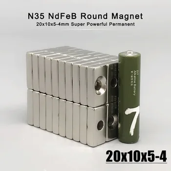 5-100vnt 20x10x5-4mm Neodimio Medžiaga NdFeB N35 Magnetai, Stiprūs, Blokas, magnetas 20*10*5 Skylę 4mm Magnetinių Medžiagų Imanes