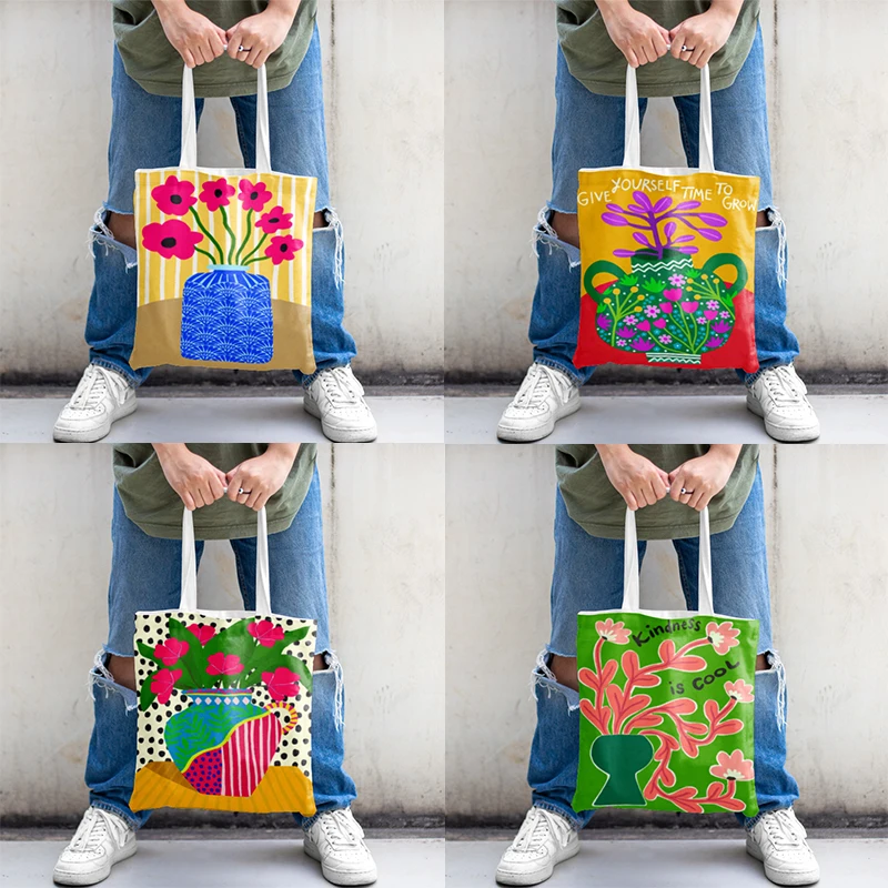Pink Gėlių Rinkoje Vaza Gėlių, Augalų Totalizator Krepšiai Drobės Pirkinių Maišeliai Mielas Bolsos Pusėje Krepšys Ponios Anime Nešti Maišą Shopper Bag - 0