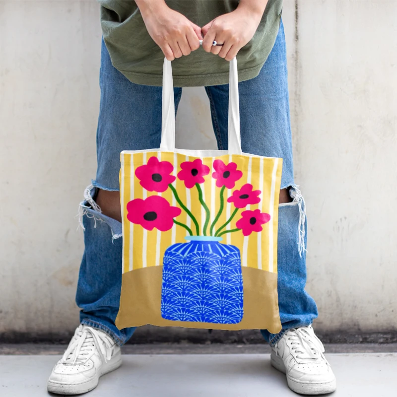 Pink Gėlių Rinkoje Vaza Gėlių, Augalų Totalizator Krepšiai Drobės Pirkinių Maišeliai Mielas Bolsos Pusėje Krepšys Ponios Anime Nešti Maišą Shopper Bag - 3