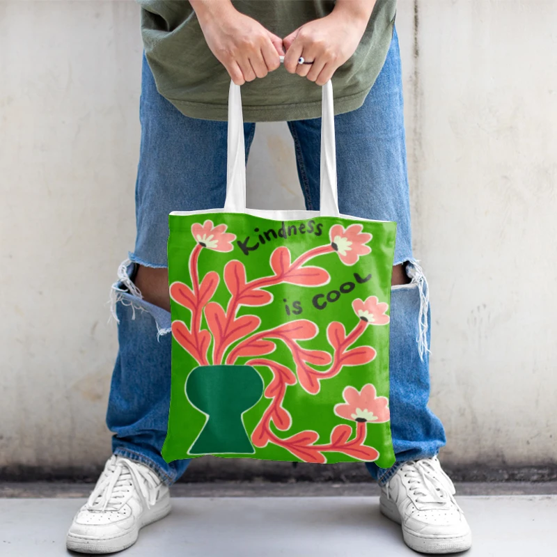 Pink Gėlių Rinkoje Vaza Gėlių, Augalų Totalizator Krepšiai Drobės Pirkinių Maišeliai Mielas Bolsos Pusėje Krepšys Ponios Anime Nešti Maišą Shopper Bag - 4