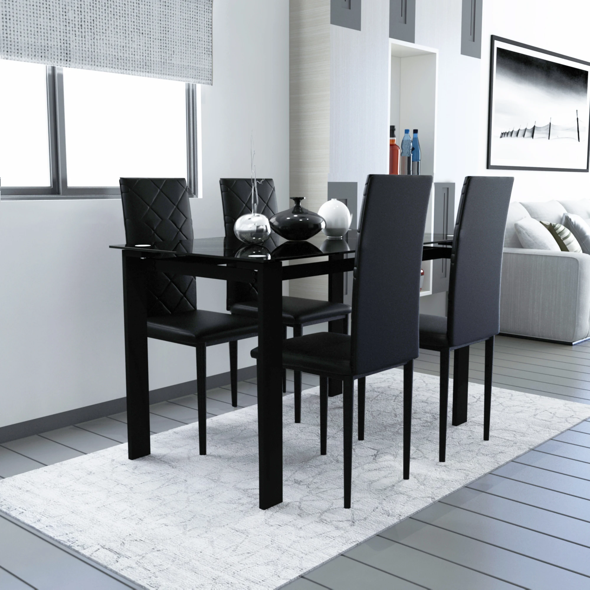 Šiuolaikinės Grūdintas Stiklas Juodos spalvos Valgomojo Stalas, Kėdės Nustatyti Paprastas Stačiakampis Gyvenamasis Kambarys su Virtuvės Stalo W/4 High-End Valgomojo Kėdės [JAV-W] - 0