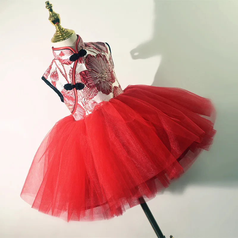 Išskirtinis kūrimo Gėlių mergaičių Suknelės Aukštos Kokybės Audinio Spausdinimo raudona Kinų stiliaus cheongsam gimtadienio Prom mergina vakarinę suknelę - 1