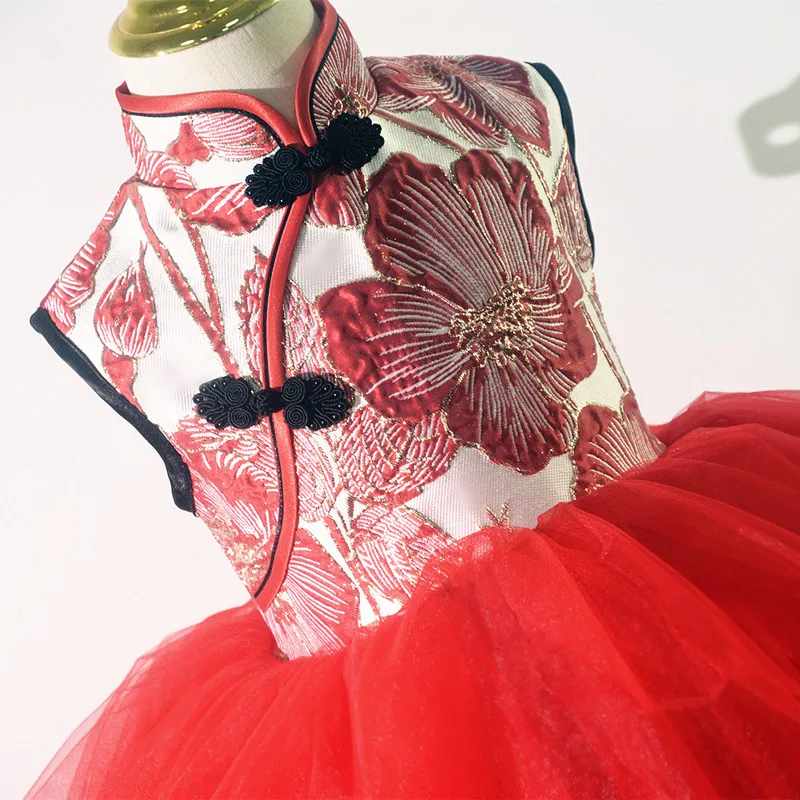 Išskirtinis kūrimo Gėlių mergaičių Suknelės Aukštos Kokybės Audinio Spausdinimo raudona Kinų stiliaus cheongsam gimtadienio Prom mergina vakarinę suknelę - 2