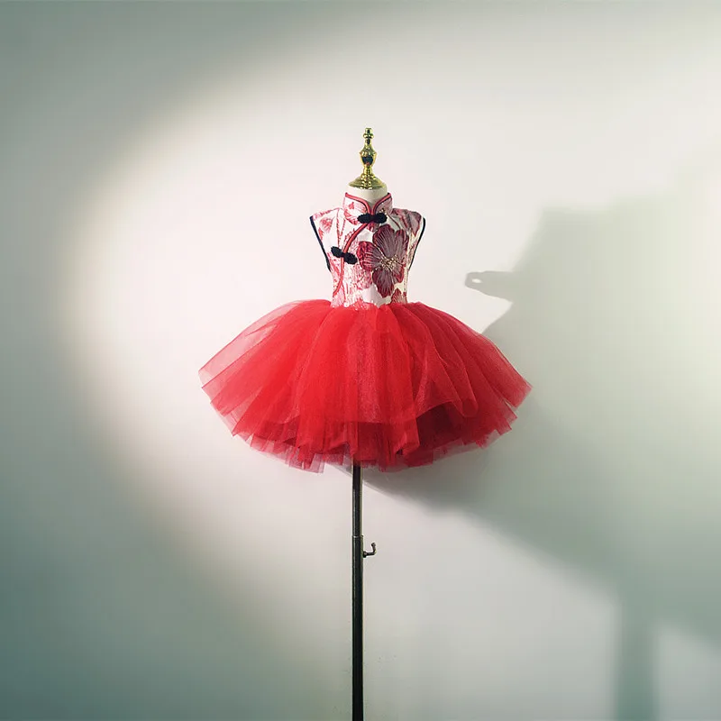 Išskirtinis kūrimo Gėlių mergaičių Suknelės Aukštos Kokybės Audinio Spausdinimo raudona Kinų stiliaus cheongsam gimtadienio Prom mergina vakarinę suknelę - 3