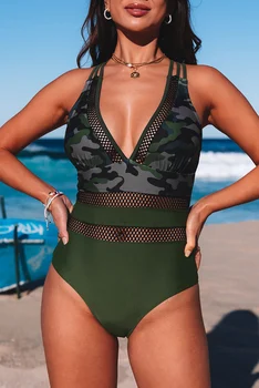 Army Green Camo Kratinys vientisi maudymosi kostiumėlį Moteris Sexy V Kaklo, Rankovių Bako Vienas Gabalas S-2XL Maudymosi Kostiumas