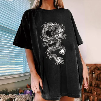 Atsitiktinis Kinų Drakonas Print T-shirt Juoda Trumpas Rankovės O Kaklo Prarasti Viršuje Derliaus Hip-Hop Streetwear Pagrindinio Negabaritinių Moterų Drabužiai