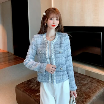 Aukštos Kokybės Korėjos Derliaus Tvido Švarkas Paltai Moterims Rudens Žiemos Vilnos Austi Pledas Ilgomis Rankovėmis Slim Striukės Office Lady Outwear