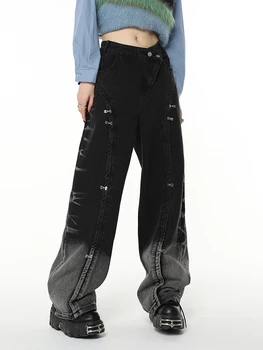 Baggy Jeans Moterų Džinsinio Audinio Kelnės Nereguliarus High Waisted Kratinys Pločio Kojų Kelnės Prašmatnus Kišenėje Juoda Tiesiai Streetwear Y2k Džinsai
