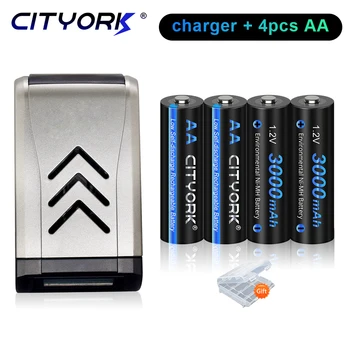 CITYORK 1.2 V nimh Baterijos AA 3000mAh Įkraunamą AA bateriją, 2A iš Anksto įkrauti Bateria žemas savęs išleidimo AA Baterijas +USB Įkroviklis