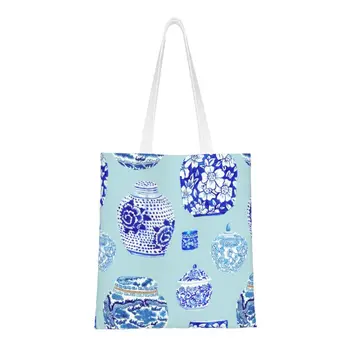 Chinoiserie Mėlyna Porceliano Pirkinių Krepšys Moterims Drobės Pečių Nešti Maišelį Galima Skalbti Delft Blue Rytų Stiliaus Bakalėjos Shopper Bags