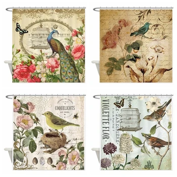 Derliaus Prancūzijos Povas Ir Rožės Žiedai Žalsvai Paukščių Botanikos Lizdą Ir Birdcage Meno Moderni Dušo Užuolaidos Su Kabliukais