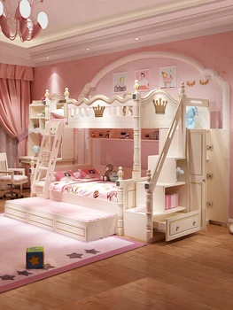Dviaukštis lova, viršutinės ir apatinės miegamosios vietos, vaikų lovos, mergina princesė lova, aukštos ir žemos lovos