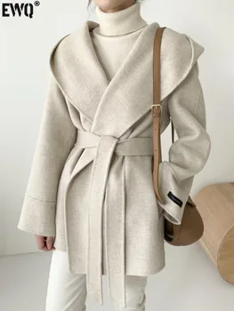 [EWQ] Elegantiškas Moteris Dirbtiniais Vilnos Paltai Kietas Cardigan Minimalistinio Gobtuvu Vilnoniai Paltai Negabaritinių Outwear Su Diržo 2023 Pavasario Žiemos