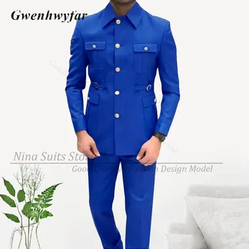 G&N Geras Royal Blue Afrikos Stiliaus Kostiumai Vyrams Aukso Mygtuką Aikštėje Apykaklės Užsakymą Oficialų Atsitiktinis Verslo Grupė Kostiumas Homme