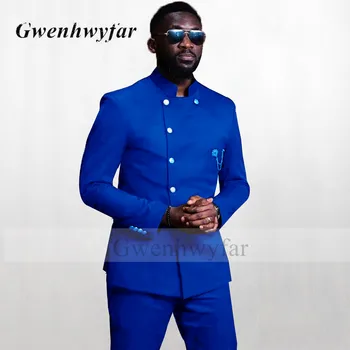 Gwenhwyfar Afrikos Stiliaus Vyrų Royal Blue Tuxedos Vestuvinių Kostiumų Groomsmen Geriausią Vyro Slim Fit Dvigubo Breasted Švarkas Kelnės