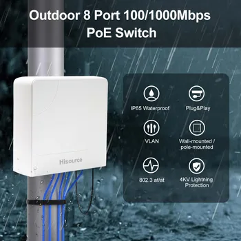 Hisource Vandeniui 10 Port PoE Switch 100/1000Mbps 48V Aktyvių Tinklo Jungiklis 120W su VLAN Funkcija, skirta Naudoti Lauko sąlygomis