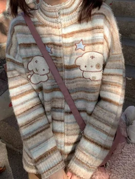 Japonijos Mezgimo Dryžuotas Megztinis Kawaii Star Siuvinėjimo Harajuku Susagstomi Megztiniai Femme Preppy Y2k Estetinės Užtrauktukas Kardigany Womens